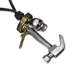 Leather necklace - hammer, skull, cross and rings