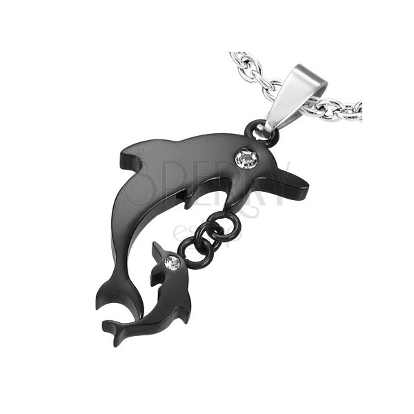 Black pendant made of surgical steel, big and small dolphin with zircons