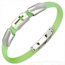 Caoutchouc lime bracelet with three steel ID plates - cross