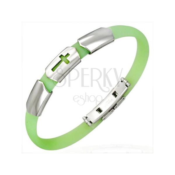 Caoutchouc lime bracelet with three steel ID plates - cross