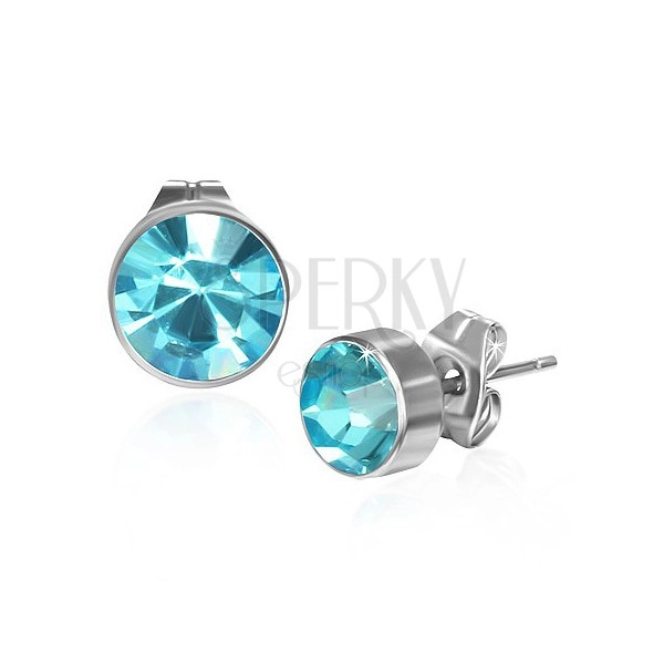 Round stud steel earrings - light blue zircon