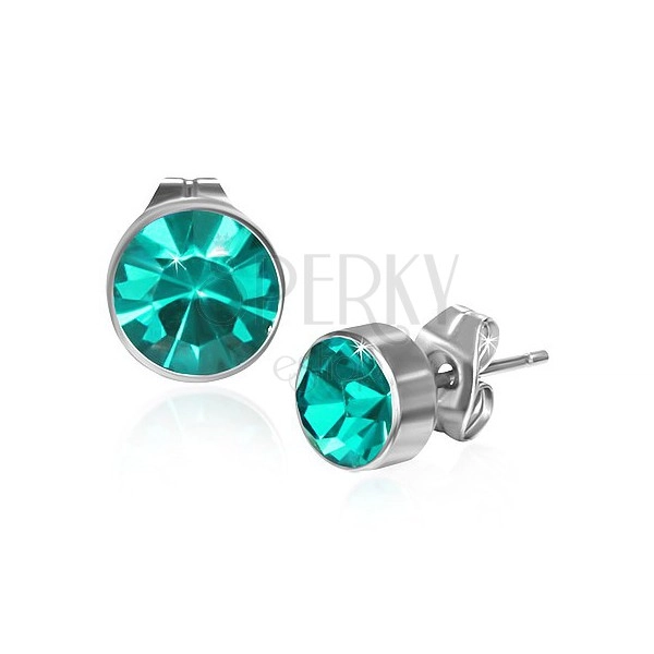Stainless steel earrings - round turquoise rhinestones