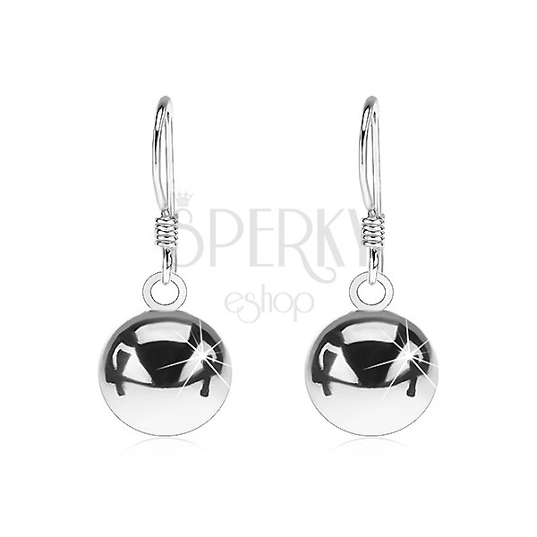 Silver 925 earrings - shiny ball beads with hook, 10 mm