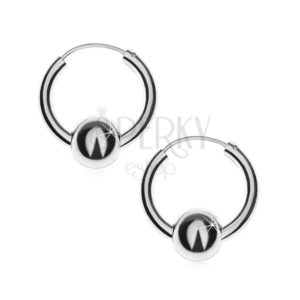 Silver earrings 925 - smooth shiny hoops with ball, 18 mm
