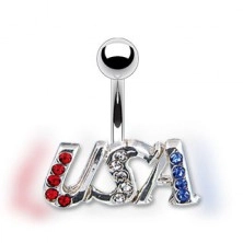 Belly button ring - USA acronym, three colours of zircons