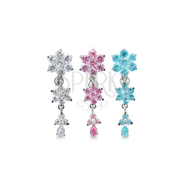 Belly ring - three sparkling zirconic flowers