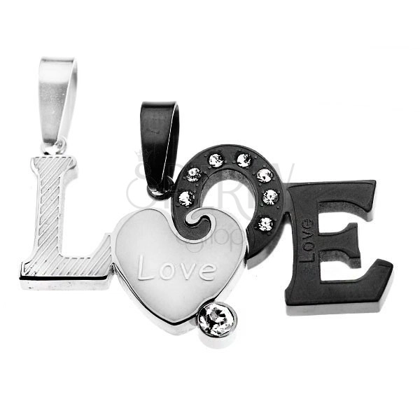 Couple pendants - two tone LOVE word, matt surface