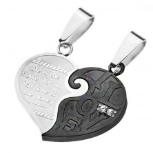 Couple pendants - split heart in black and silver colour, romantic inscription