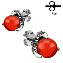 Stud steel earrings - red ball bead in claws