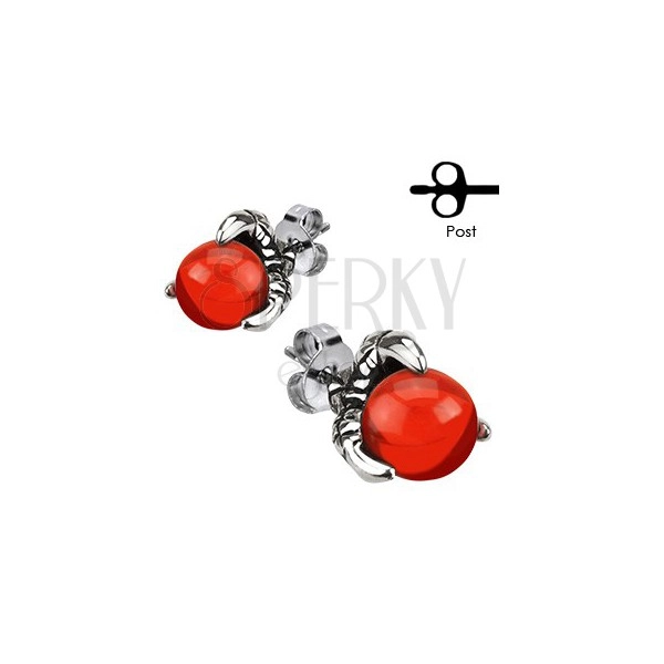 Stud steel earrings - red ball bead in claws