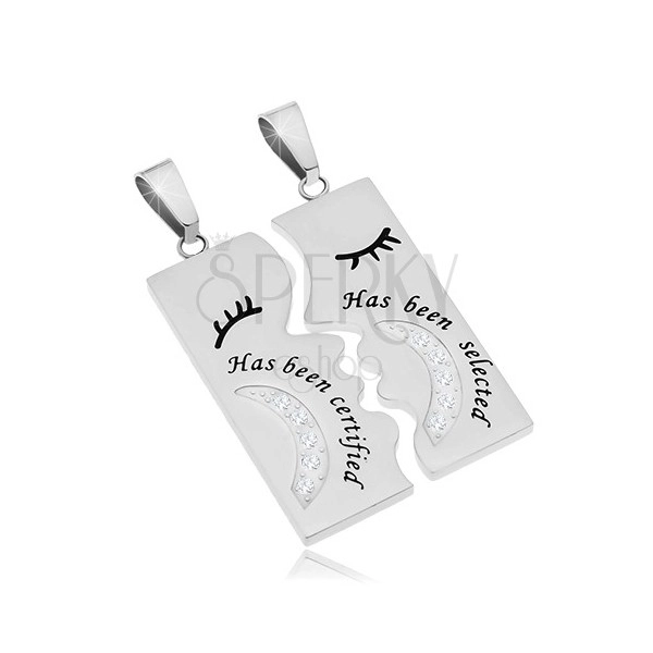 Two pendants made of 316L steel, rectangles in silver colour with inscriptions and zircons