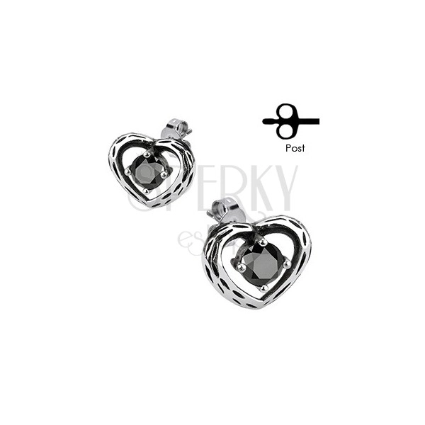 Stainless steel heart earrings with black zircon