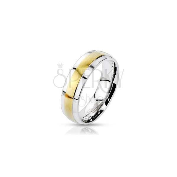 Two coloured steel wedding band with protruding middle part