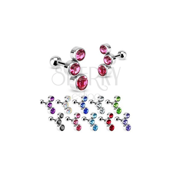 Steel ear tragus piercing - three embedded zircons, available in various colours