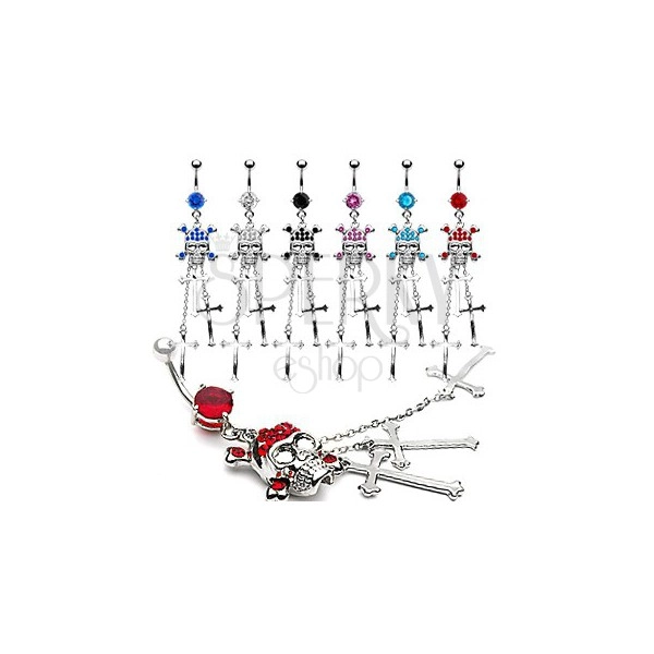 Belly bar - gem paved skull and three crosses