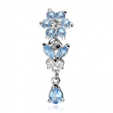Dangle belly bar with flower, butterfly, tear drop and zircon