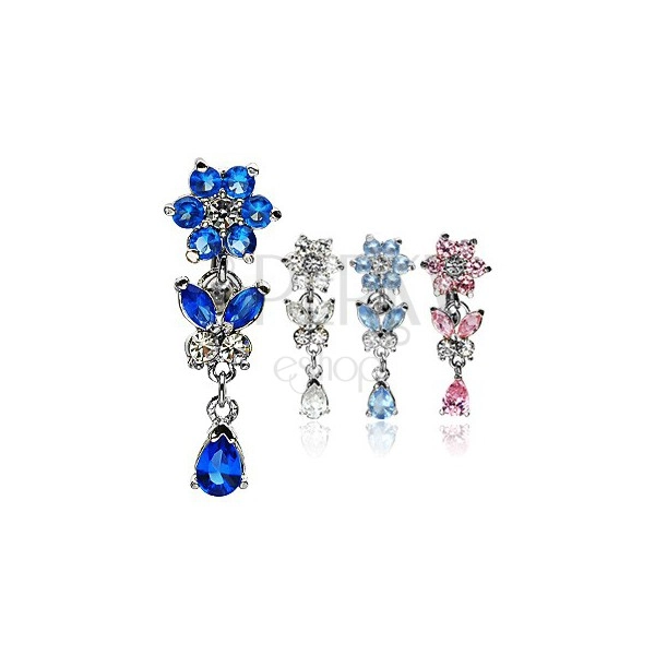 Dangle belly bar with flower, butterfly, tear drop and zircon