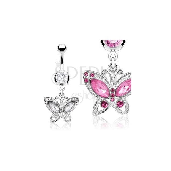 Belly bar with a butterfly pendant with zircon embedded wings