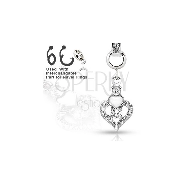 Belly bar piercing pendant with two hearts and zircons