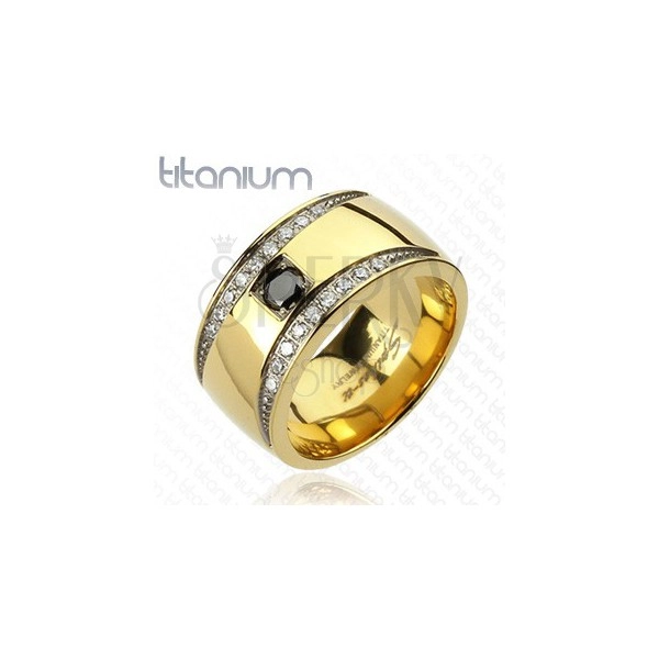 Titanium ring in golden hue with zircon crescents