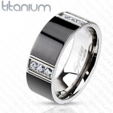 Titanium ring divided with four lines with clear zircon