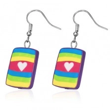 Earrings of FIMO material - rainbow rectangle with white heart, hooks