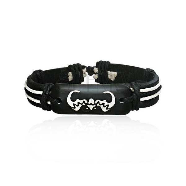 Bracelet made of black leather with bat on plate and strings