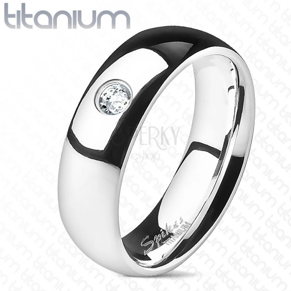 Titanium wedding ring with clear zircon - smooth, 6 mm