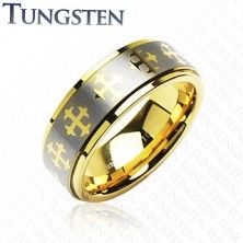 Tungsten ring with crosses and silver stripe