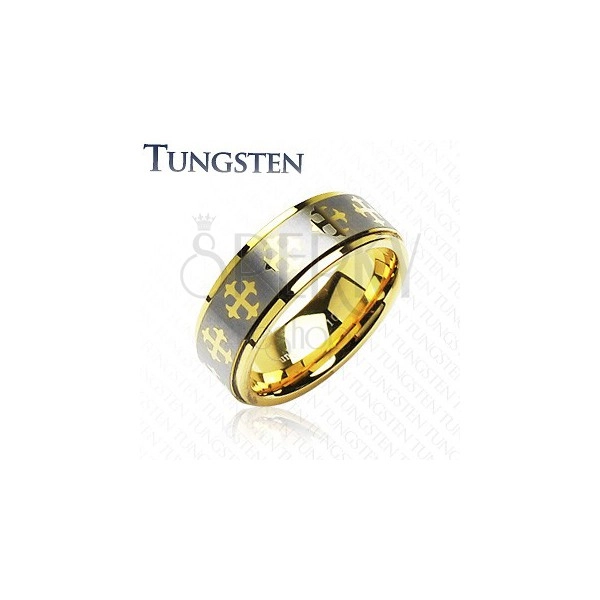 Tungsten ring with crosses and silver stripe