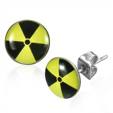 Round steel earrigns - yellow and black nuclear symbol