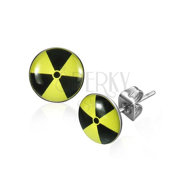 Round steel earrigns - yellow and black nuclear symbol