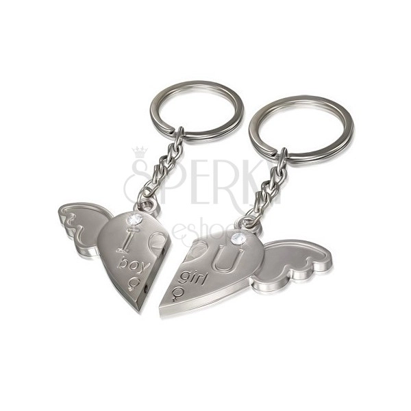 Keychains for couple - heart with angel wing, slightly engraved inscription, zircons