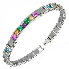 Bracelet for wrist made of 316L steel with tag and coloured zircons