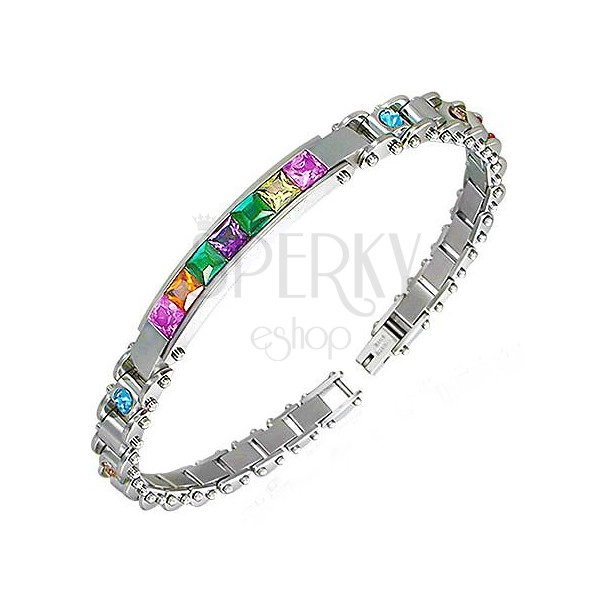 Bracelet for wrist made of 316L steel with tag and coloured zircons