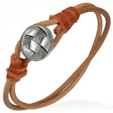 Leather bracelet - double brown cord, metal-coloured button