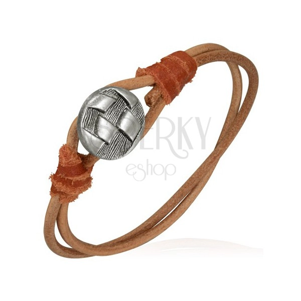Leather bracelet - double brown cord, metal-coloured button