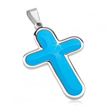 Surgical steel pendant, big cross with blue glazed inner part