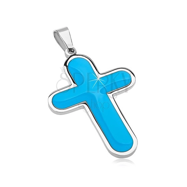 Surgical steel pendant, big cross with blue glazed inner part