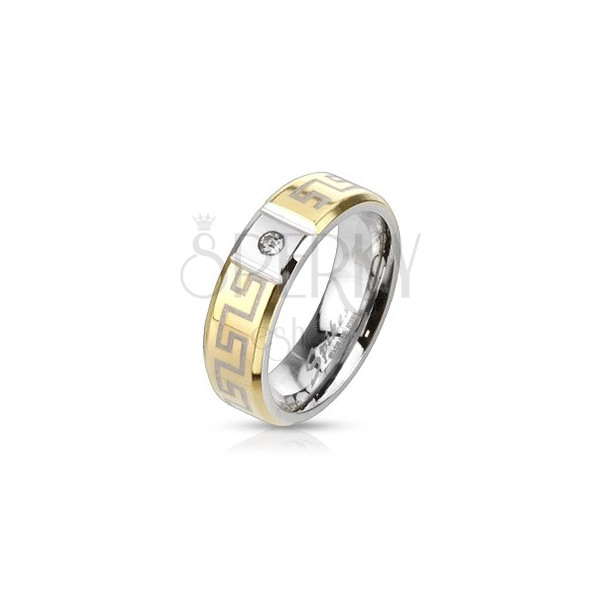 Stainless steel ring with Greek pattern - with zircon