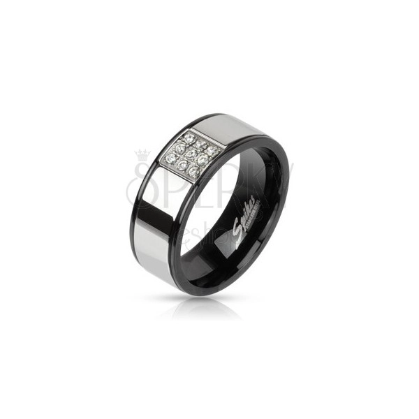 Steel ring - silvertoned with black lines, zirconic square
