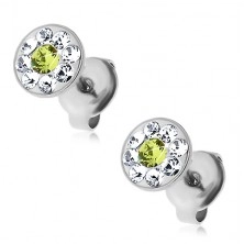 Steel earrings with green and clear Swarovski crystals, studs