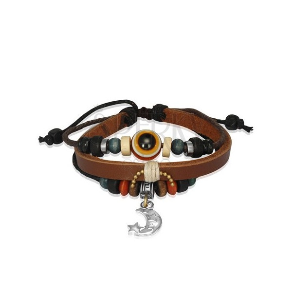 Multi bracelet made of leather and strings with balls and moon