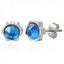 Steel earrings in flower shape with big cut zircon in blue colour