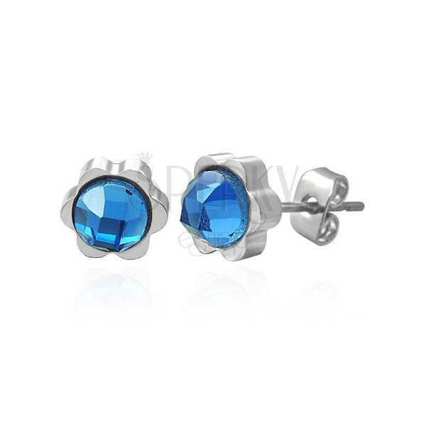 Steel earrings in flower shape with big cut zircon in blue colour