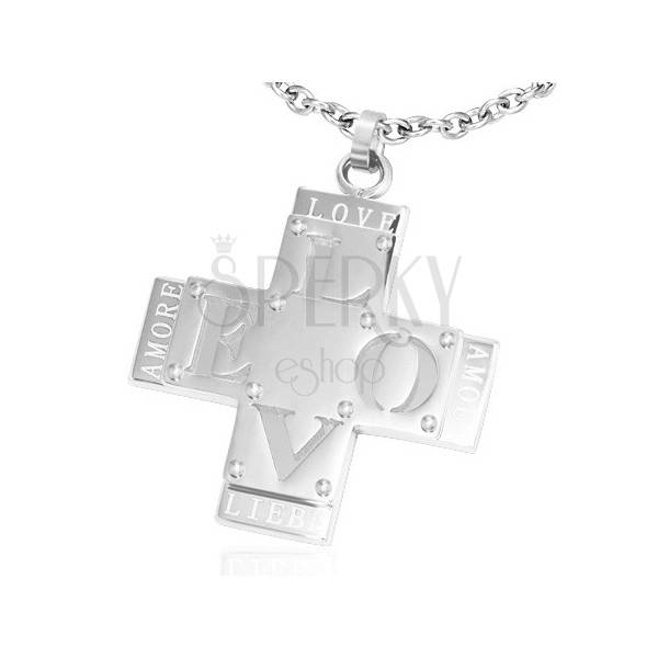 Pendant made of steel - double cross with word "LOVE"