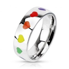 Shiny ring made of steel with rainbowlike hearts, 6 mm