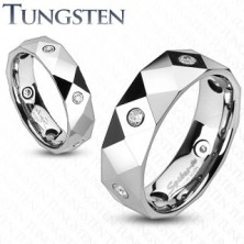 Ring made of tungsten with rhombi, triangles and zircons