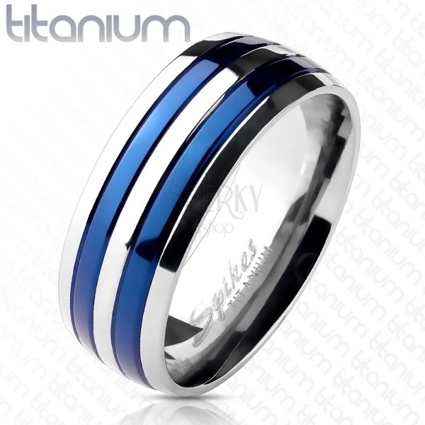 Ring made of titanium with two blue stripes