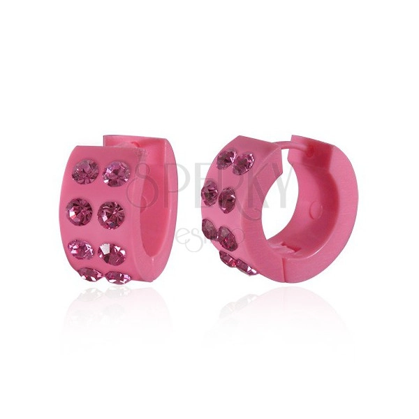 Acrylic earrings - pink circles with rhinestones